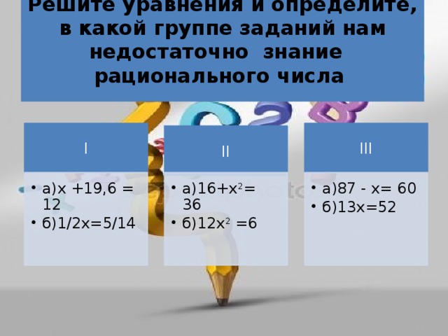 Решите уравнения и определите, в какой группе заданий нам недостаточно знание рационального числа   I III II а)х +19,6 = 12 б)1/2х=5/14 а)х +19,6 = 12 б)1/2х=5/14 а)16+х 2 = 36 б)12х 2 =6 а)16+х 2 = 36 б)12х 2 =6 а)87 - х= 60 б)13х=52 а)87 - х= 60 б)13х=52 
