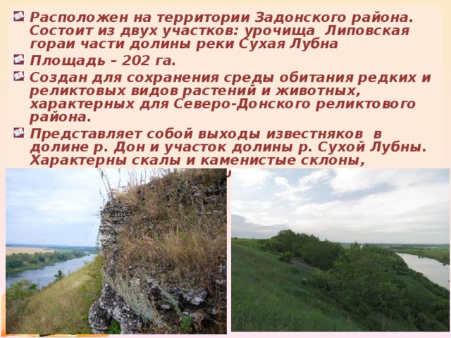 Расположен на территории Задонского района. Состоит из двух участков: урочища Липовская гораи части долины реки Сухая Лубна Площадь – 202 га. Создан для сохранения среды обитания редких и реликтовых видов растений и животных, характерных для Северо-Донского реликтового района. Представляет собой выходы известняков в долине р. Дон и участок долины р. Сухой Лубны. Характерны скалы и каменистые склоны, покрытые лиственными лесами и степями.