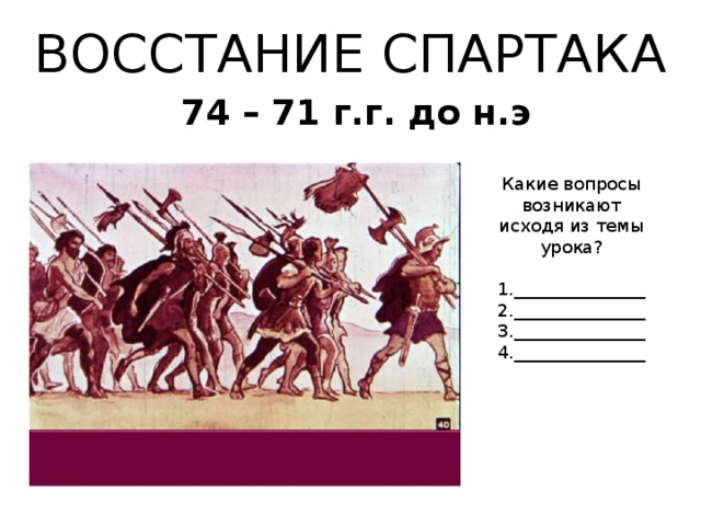 ВОССТАНИЕ СПАРТАКА 74 – 71 г.г. до н.э Какие вопросы возникают исходя из темы урока? 1._______________ 2._______________ 3._______________ 4._______________ 