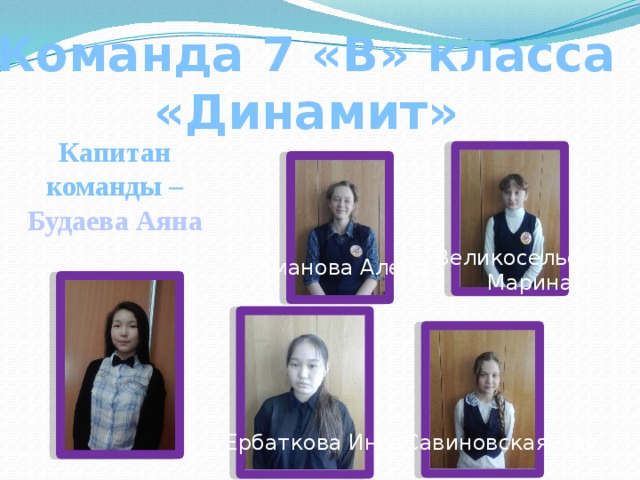 Команда 7 «В» класса «Динамит» Капитан команды – Будаева Аяна Великосельская Марина Романова Алена Савиновская Эля Ербаткова Инга 