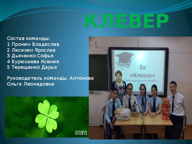  КЛЕВЕР Состав команды: 1 Пронин Владислав 2 Лисихин Ярослав  3 Дьяченко Софья  4 Бурюхаева Ксения  5 Терещенко Дарья  Руководитель команды: Антонова Ольга Леонидовна  