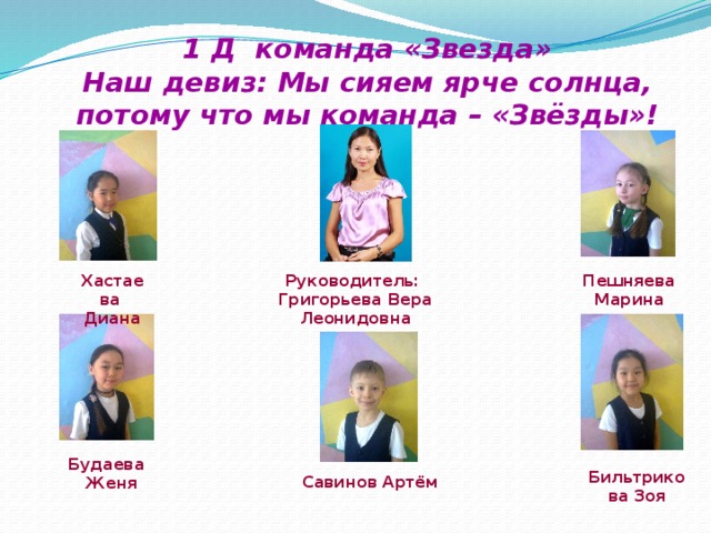 1 Д команда «Звезда»  Наш девиз: Мы сияем ярче солнца, потому что мы команда – «Звёзды»! Хастаева Руководитель: Пешняева Марина Диана Григорьева Вера Леонидовна  Бильтрикова Зоя  Будаева Женя Савинов Артём 