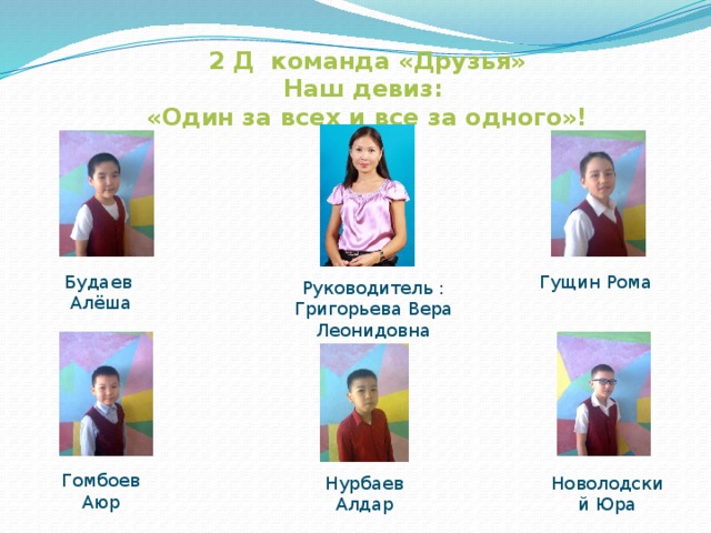 2 Д команда «Друзья»  Наш девиз:  «Один за всех и все за одного»! Будаев Алёша Гущин Рома Руководитель : Григорьева Вера Леонидовна Гомбоев Аюр Нурбаев Алдар Новолодский Юра 