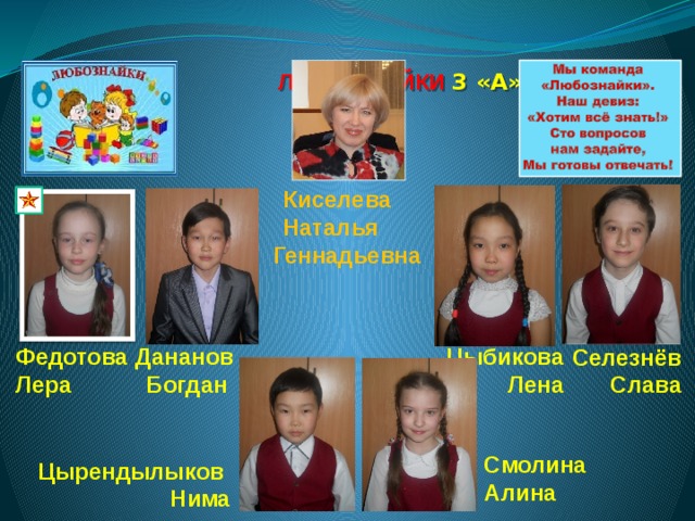  ЛЮБОЗНАЙКИ 3  «А» класс     Киселева Наталья  Геннадьевна Цыбикова Лена Дананов Богдан Селезнёв Слава Федотова Лера Цырендылыков Нима Смолина Алина 