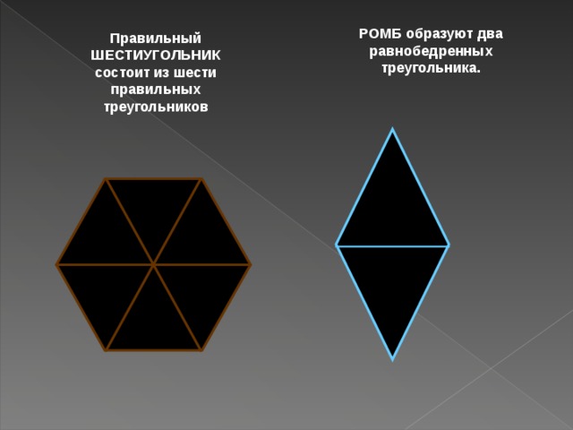 Ромб из двух треугольников. Равнобедренный шестиугольник. Шестиугольник состоит из 6 правильных треугольников. Правильный ромб. Состоит из 6 правильных треугольников правильный.