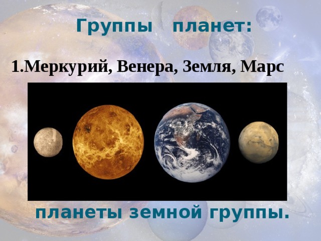 Группы планет: 1.Меркурий, Венера, Земля, Марс       планеты-гиганты.  планеты земной группы. 