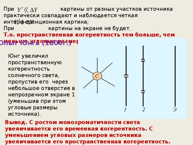 При картины от разных участков источника практически совпадают и наблюдается четкая интерференционная картина; При картины на экране не будет. Т.о. пространственная когерентность тем больше, чем меньше угловые размеры источника. Опыт Юнга (1800г.) Юнг увеличил пространственную когерентность солнечного света, пропустив его через небольшое отверстие в непрозрачном экране 1 (уменьшив при этом угловые размеры источника). Вывод. С ростом монохроматичности света увеличивается его временная когерентность. С уменьшением угловых размеров источника увеличивается его пространственная когерентность. 