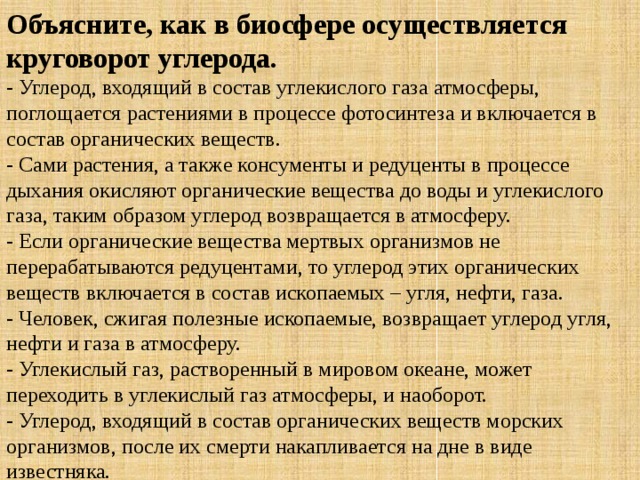 Объясните, как в биосфере осуществляется круговорот углерода. - Углерод, входящий в состав углекислого газа атмосферы, поглощается растениями в процессе фотосинтеза и включается в состав органических веществ.  - Сами растения, а также консументы и редуценты в процессе дыхания окисляют органические вещества до воды и углекислого газа, таким образом углерод возвращается в атмосферу. - Если органические вещества мертвых организмов не перерабатываются редуцентами, то углерод этих органических веществ включается в состав ископаемых – угля, нефти, газа.  - Человек, сжигая полезные ископаемые, возвращает углерод угля, нефти и газа в атмосферу. - Углекислый газ, растворенный в мировом океане, может переходить в углекислый газ атмосферы, и наоборот.  - Углерод, входящий в состав органических веществ морских организмов, после их смерти накапливается на дне в виде известняка. 