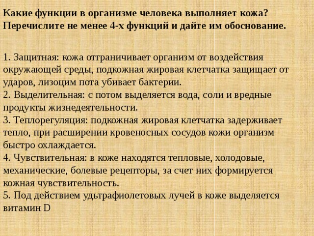 Какие функции в организме человека выполняет кожа? Перечислите не менее 4-х функций и дайте им обоснование.  1. Защитная: кожа отграничивает организм от воздействия окружающей среды, подкожная жировая клетчатка защищает от ударов, лизоцим пота убивает бактерии.  2. Выделительная: с потом выделяется вода, соли и вредные продукты жизнедеятельности.  3. Теплорегуляция: подкожная жировая клетчатка задерживает тепло, при расширении кровеносных сосудов кожи организм быстро охлаждается.  4. Чувствительная: в коже находятся тепловые, холодовые, механические, болевые рецепторы, за счет них формируется кожная чувствительность.   5. Под действием удьтрафиолетовых лучей в коже выделяется витамин D 