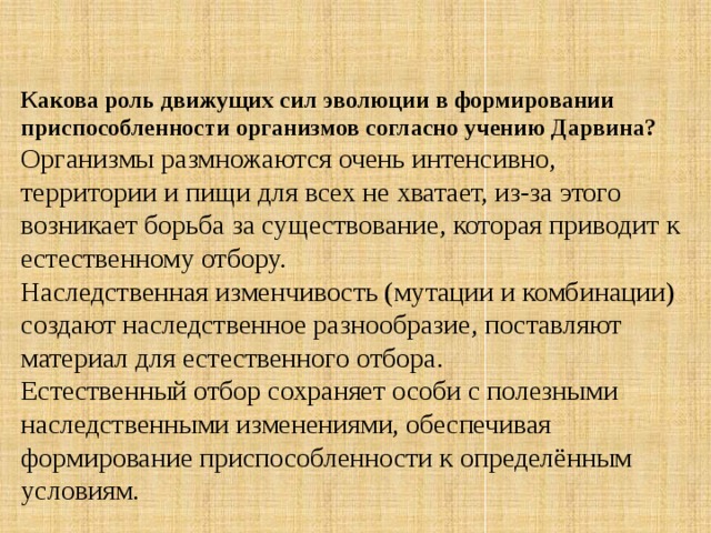 Какова роль движущих сил эволюции в формировании приспособленности организмов согласно учению Дарвина? Организмы размножаются очень интенсивно, территории и пищи для всех не хватает, из-за этого возникает борьба за существование, которая приводит к естественному отбору. Наследственная изменчивость (мутации и комбинации) создают наследственное разнообразие, поставляют материал для естественного отбора. Естественный отбор сохраняет особи с полезными наследственными изменениями, обеспечивая формирование приспособленности к определённым условиям. 