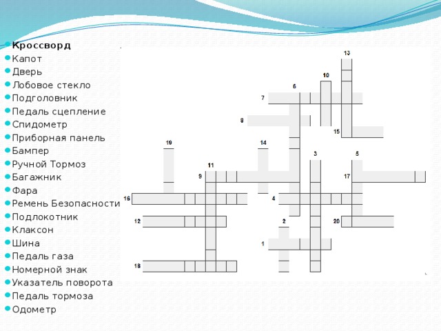 Кроссворд Капот Дверь Лобовое стекло Подголовник Педаль сцепление Спидометр Приборная панель Бампер Ручной Тормоз Багажник Фара Ремень Безопасности Подлокотник Клаксон Шина Педаль газа Номерной знак Указатель поворота Педаль тормоза Одометр 