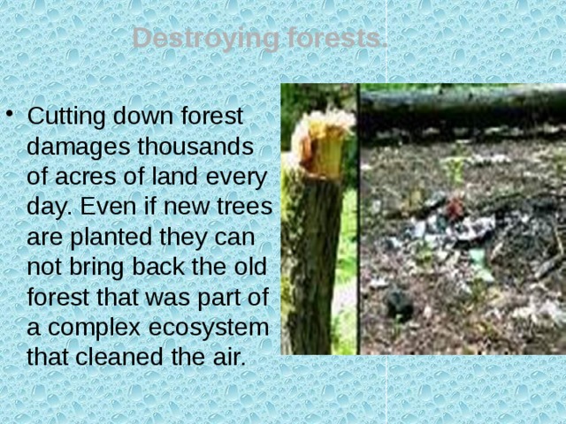 Destroying forests.     Cutting down forest damages thousands of acres of land every day. Even if new trees are planted they can not bring back the old forest that was part of a complex ecosystem that cleaned the air. 