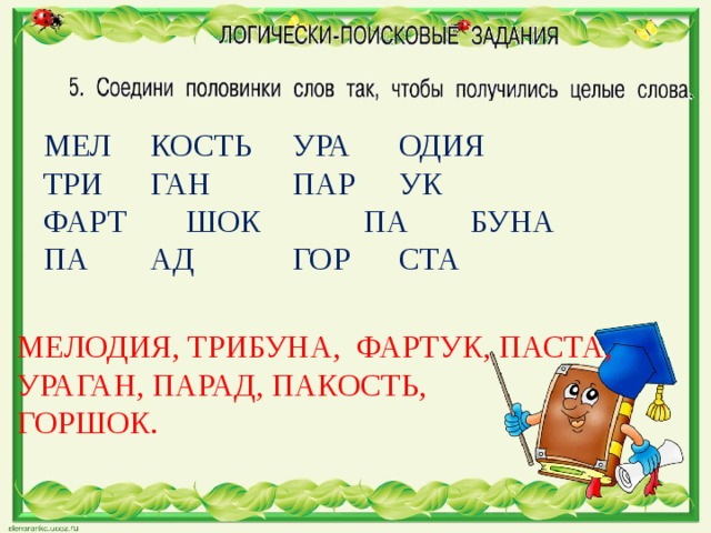 МЕЛ   КОСТЬ   УРА   ОДИЯ ТРИ   ГАН    ПАР   УК ФАРТ   ШОК    ПА   БУНА ПА   АД    ГОР   СТА МЕЛОДИЯ, ТРИБУНА, ФАРТУК, ПАСТА, УРАГАН, ПАРАД, ПАКОСТЬ, ГОРШОК. 