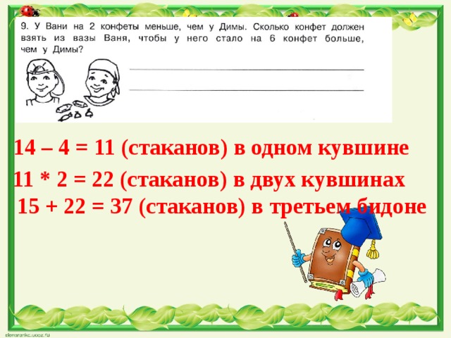 14 – 4 = 11 (стаканов) в одном кувшине 11 * 2 = 22 (стаканов) в двух кувшинах 15 + 22 = 37 (стаканов) в третьем бидоне 