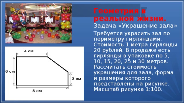 Геометрия в реальной жизни.  Задача «Украшение зала» Требуется украсить зал по периметру гирляндами. Стоимость 1 метра гирлянды 20 рублей. В продаже есть гирлянды в упаковке по 5, 10, 15, 20, 25 и 30 метров. Рассчитать стоимость украшения для зала, форма и размеры которого представлены на рисунке. Масштаб рисунка 1:100. 