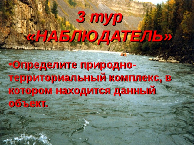 3 тур «НАБЛЮДАТЕЛЬ» Определите природно-территориальный комплекс, в котором находится данный объект. 