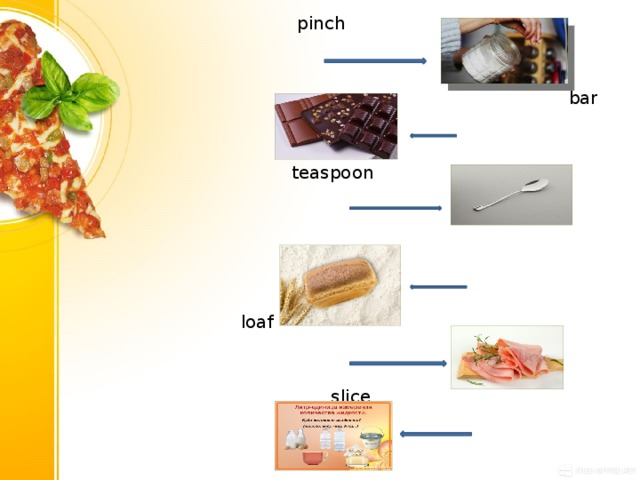 Pinch перевод. Pinch Bar teaspoon Loaf Slice litre. Bar carton Loaf упражнения. Словосочетание с a Slice. A Bar of a Packet of.