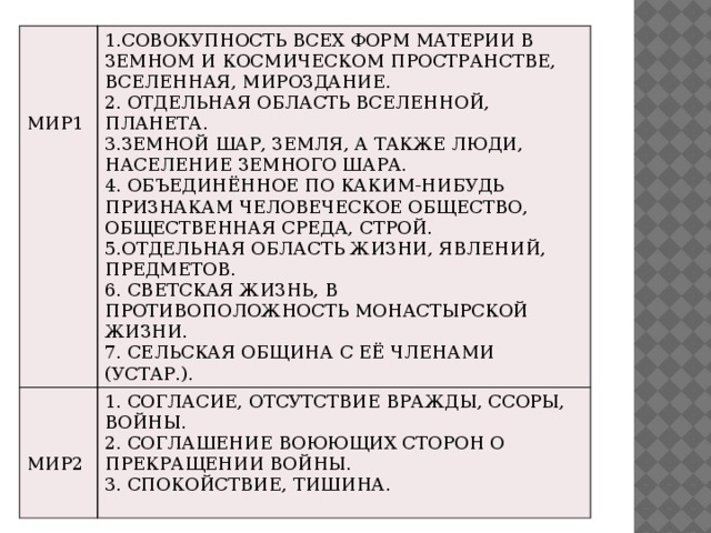 1.СОВОКУПНОСТЬ ВСЕХ ФОРМ МАТЕРИИ В ЗЕМНОМ И КОСМИЧЕСКОМ ПРОСТРАНСТВЕ, ВСЕЛЕННАЯ, МИРОЗДАНИЕ. 1. СОГЛАСИЕ, ОТСУТСТВИЕ ВРАЖДЫ, ССОРЫ, ВОЙНЫ. 2. ОТДЕЛЬНАЯ ОБЛАСТЬ ВСЕЛЕННОЙ, ПЛАНЕТА. 2. СОГЛАШЕНИЕ ВОЮЮЩИХ СТОРОН О ПРЕКРАЩЕНИИ ВОЙНЫ. 3.ЗЕМНОЙ ШАР, ЗЕМЛЯ, А ТАКЖЕ ЛЮДИ, НАСЕЛЕНИЕ ЗЕМНОГО ШАРА. МИР1 3. СПОКОЙСТВИЕ, ТИШИНА. МИР2 4. ОБЪЕДИНЁННОЕ ПО КАКИМ-НИБУДЬ ПРИЗНАКАМ ЧЕЛОВЕЧЕСКОЕ ОБЩЕСТВО, ОБЩЕСТВЕННАЯ СРЕДА, СТРОЙ. 5.ОТДЕЛЬНАЯ ОБЛАСТЬ ЖИЗНИ, ЯВЛЕНИЙ, ПРЕДМЕТОВ. 6. СВЕТСКАЯ ЖИЗНЬ, В ПРОТИВОПОЛОЖНОСТЬ МОНАСТЫРСКОЙ ЖИЗНИ. 7. СЕЛЬСКАЯ ОБЩИНА С ЕЁ ЧЛЕНАМИ (УСТАР.).  