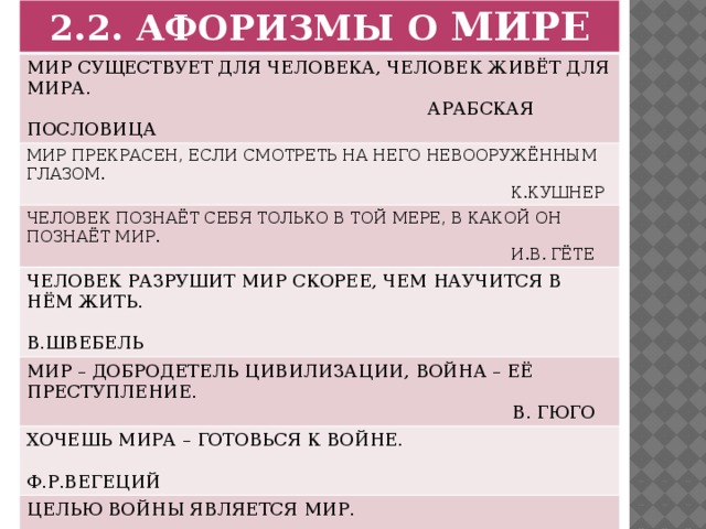 2.2. АФОРИЗМЫ О МИРЕ МИР СУЩЕСТВУЕТ ДЛЯ ЧЕЛОВЕКА, ЧЕЛОВЕК ЖИВЁТ ДЛЯ МИРА.  АРАБСКАЯ ПОСЛОВИЦА МИР ПРЕКРАСЕН, ЕСЛИ СМОТРЕТЬ НА НЕГО НЕВООРУЖЁННЫМ ГЛАЗОМ.  К.КУШНЕР ЧЕЛОВЕК ПОЗНАЁТ СЕБЯ ТОЛЬКО В ТОЙ МЕРЕ, В КАКОЙ ОН ПОЗНАЁТ МИР.  И.В. ГЁТЕ ЧЕЛОВЕК РАЗРУШИТ МИР СКОРЕЕ, ЧЕМ НАУЧИТСЯ В НЁМ ЖИТЬ. МИР – ДОБРОДЕТЕЛЬ ЦИВИЛИЗАЦИИ, ВОЙНА – ЕЁ ПРЕСТУПЛЕНИЕ.  В.ШВЕБЕЛЬ  В. ГЮГО ХОЧЕШЬ МИРА – ГОТОВЬСЯ К ВОЙНЕ.  Ф.Р.ВЕГЕЦИЙ ЦЕЛЬЮ ВОЙНЫ ЯВЛЯЕТСЯ МИР.  АРИСТОТЕЛЬ МИР СКУЧЕН ДЛЯ СКУЧНЫХ ЛЮДЕЙ. ВСЁ В МИРЕ ПОВТОРЯЕТСЯ.  СОКРАТ  Ф.БЭКОН 