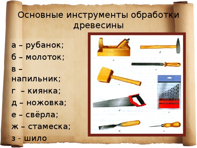 Основные инструменты обработки  древесины а – рубанок; б – молоток; в – напильник; г – киянка; д – ножовка; е – свёрла; ж – стамеска; з - шило 
