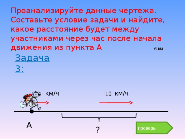 Проанализируйте данные чертежа. Составьте условие задачи и найдите, какое расстояние будет между участниками через час после начала движения из пункта А 6 км Задача 3: км/ч км/ч А проверь ? 8 