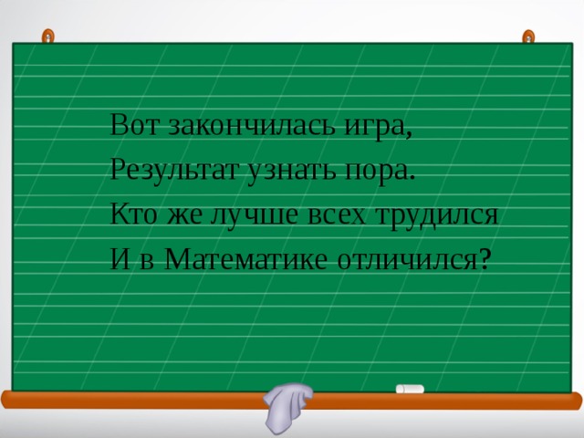 Вот закончилась игра, Результат узнать пора. Кто же лучше всех трудился И в Математике отличился? 