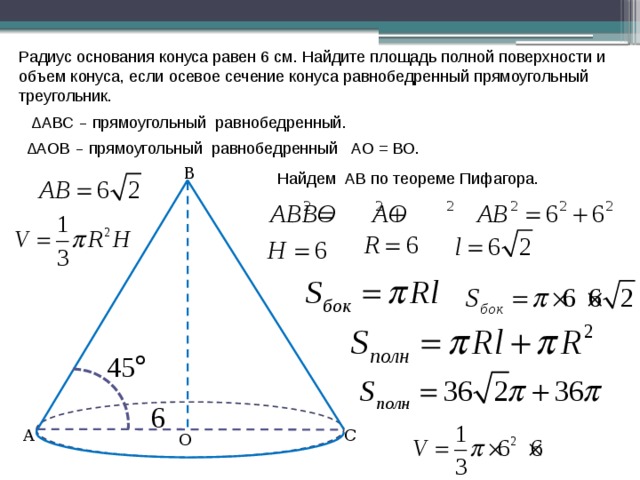 Радиус основания конуса равен 6 см. Найдите площадь полной поверхности и объем конуса, если осевое сечение конуса равнобедренный прямоугольный треугольник. ΔАВС – прямоугольный равнобедренный. ΔАОВ – прямоугольный равнобедренный АО = ВО. В Найдем АВ по теореме Пифагора. С А О 