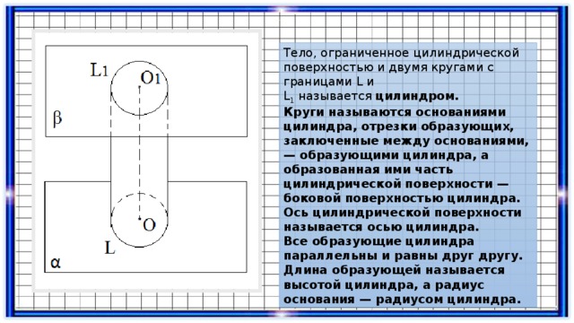 Тело, ограниченное цилиндрической поверхностью и двумя кругами с границами L и L 1  называется  цилиндром. Круги называются основаниями цилиндра, отрезки образующих, заключенные между основаниями, — образующими цилиндра, а образованная ими часть цилиндрической поверхности — боковой поверхностью цилиндра. Ось цилиндрической поверхности называется осью цилиндра. Все образующие цилиндра параллельны и равны друг другу. Длина образующей называется высотой цилиндра, а радиус основания — радиусом цилиндра. 