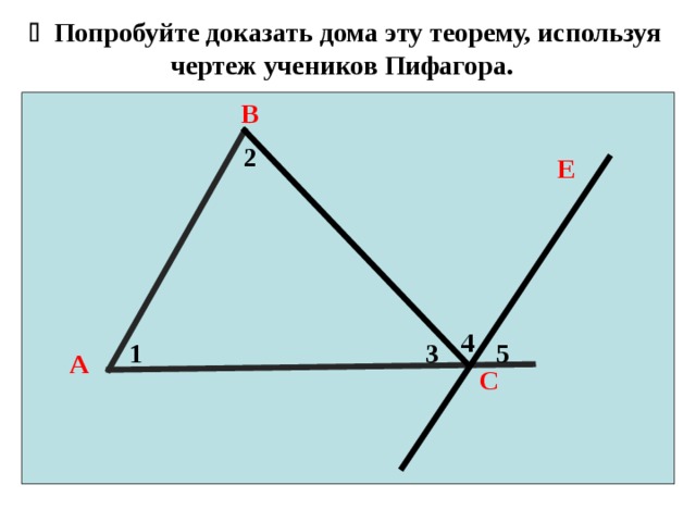   Попробуйте доказать дома эту теорему, используя чертеж учеников Пифагора. В 2 Е 4 1 3 5 А С 