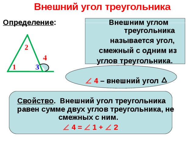 Внешний угол треугольника   Определение : Внешним углом треугольника называется угол, смежный с одним из  углов треугольника.        4 – внешний угол    Свойство .  Внешний угол треугольника равен сумме двух углов треугольника, не смежных с ним.     4 =  1 +  2 2 4 1 3  