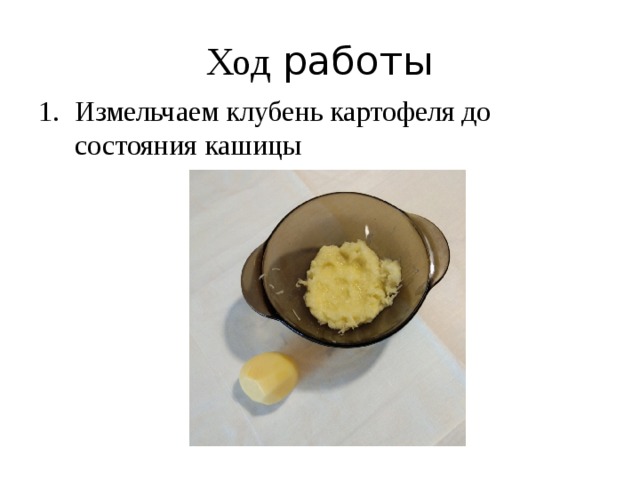 Ход работы Измельчаем клубень картофеля до состояния кашицы 