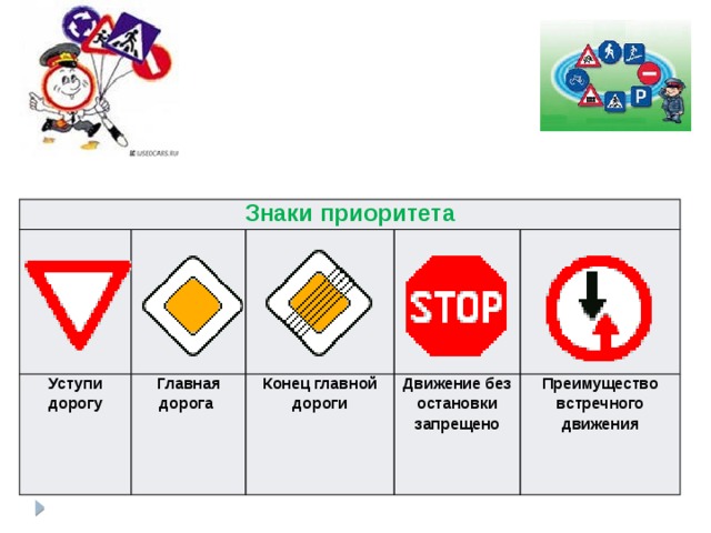 Знаки приоритета Уступи дорогу Главная дорога Конец главной дороги Движение без остановки запрещено Преимущество встречного движения