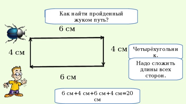 Как найти пройденный жуком путь? Какая фигура получилась? 6 см 4 см Четырёхугольник. 4 см Надо сложить длины всех сторон. 6 см 6 см+4 см+6 см+4 см=20 см 