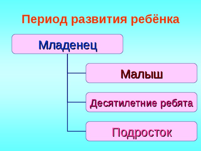 Период развития ребёнка Младенец Малыш Десятилетние ребята Подросток 