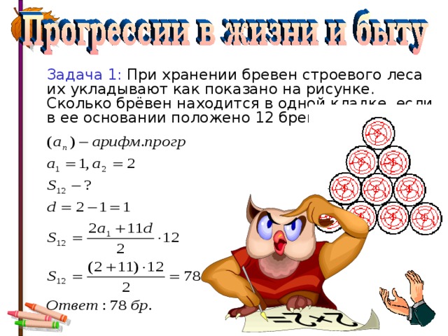 Задача 1: При хранении бревен строевого леса их укладывают как показано на рисунке. Сколько брёвен находится в одной кладке, если в ее основании положено 12 бревен? 