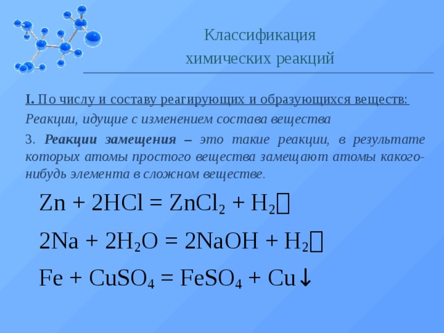 Классификация химических реакций I. По числу и составу реагирующих и образующихся веществ: Реакции, идущие с изменением состава вещества 3. Реакции замещения – это такие реакции, в результате которых атомы простого вещества замещают атомы какого-нибудь элемента в сложном веществе. Zn + 2HCl = ZnCl 2 + H 2  2Na + 2H 2 O = 2NaOH + H 2  Fe + CuSO 4 = FeSO 4 + Cu ↓  