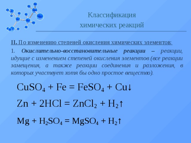 Классификация химических реакций II. По изменению степеней окисления химических элементов: 1. Окислительно-восстановительные реакции – реакции, идущие с изменением степеней окисления элементов (все реакции замещения, а также реакции соединения и разложения, в которых участвует хотя бы одно простое вещество). CuSO 4 + Fe = FeSO 4 + Cu↓ Zn + 2HCl = ZnCl 2 + H 2 ↑ Mg + H 2 SO 4 = MgSO 4 + H 2 ↑  