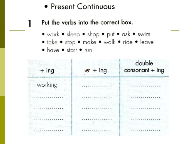 Write the words in correct box. Put в present Continuous. Write в present Continuous. Глагол write в present Continuous. Verbs in present Continuous.