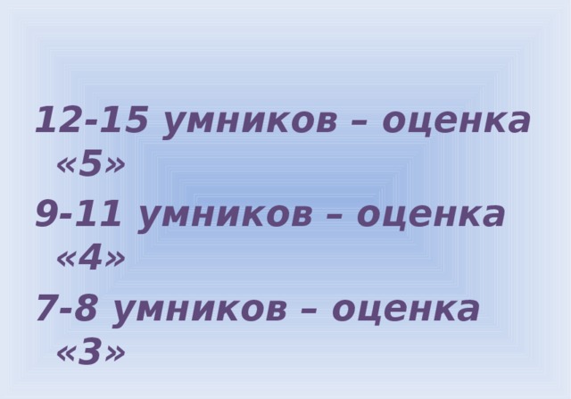 12-15 умников – оценка «5» 9-11 умников – оценка «4» 7-8 умников – оценка «3» 