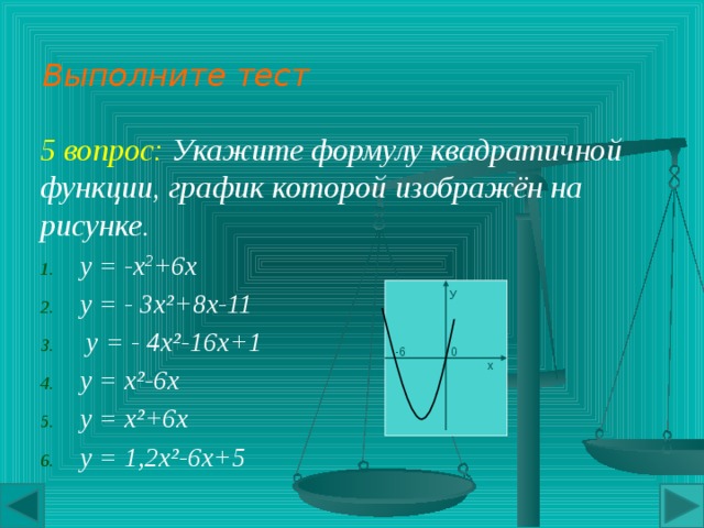 Выполните тест  у  У  У  0 6  х  -6 0  х  -6 0  х 4 вопрос: На рисунке показаны графики квадратичных функций. Выберите график функции у= - 4х²-16х+1, подведите к нему стрелку и нажмите левую кнопку мыши .  у  у  17 5  у  1  0 2,5  х  -2 х  2,5  6  0  х 