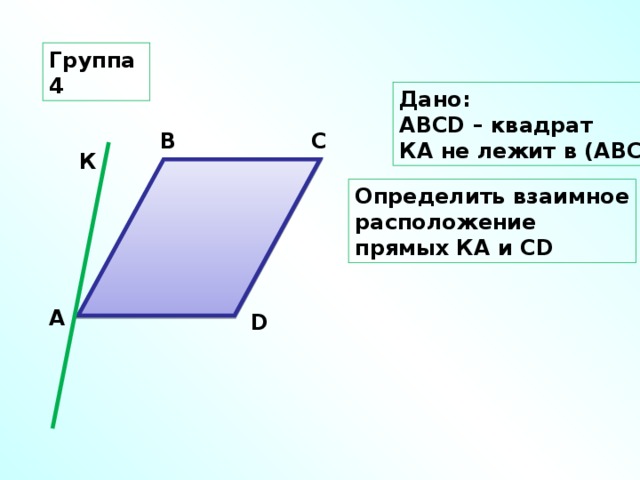 Вершины квадрата abcd. Дано ABCD квадрат. Скрещивающиеся прямые в параллелограмме. Определить взаимное расположение прямых ab и CD. Через вершину квадрата проведена прямая.