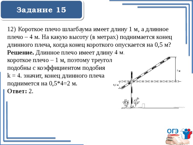  Задание 15    12)  Короткое плечо шлагбаума имеет длину 1 м, а длинное плечо – 4 м. На какую высоту (в метрах) поднимается конец длинного плеча, когда конец короткого опускается на 0,5 м? Решение. Длинное плечо имеет длину 4 м, короткое плечо – 1 м, поэтому треугольники подобны с коэффициентом подобия k = 4. значит, конец длинного плеча поднимется на 0,5*4=2 м. Ответ: 2. 