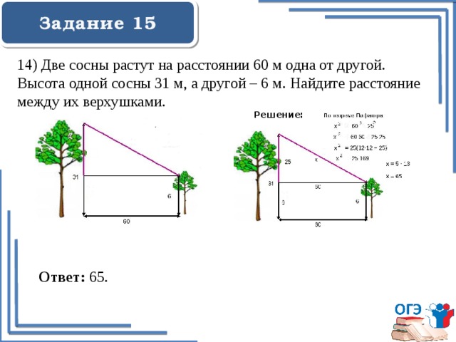  Задание 15    14) Две сосны растут на расстоянии 60 м одна от другой. Высота одной сосны 31 м, а другой – 6 м. Найдите расстояние между их верхушками. Решение: Ответ: 65. 