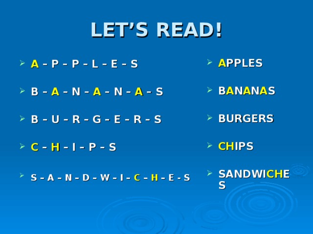 LET’S READ! A PPLES  B A N A N A S  BURGERS  CH IPS  SANDWI CH ES A – P – P – L – E – S  B – A – N – A – N – A – S  B – U – R – G – E – R – S  C – H – I – P – S  S – A – N – D – W – I – C – H – E - S   