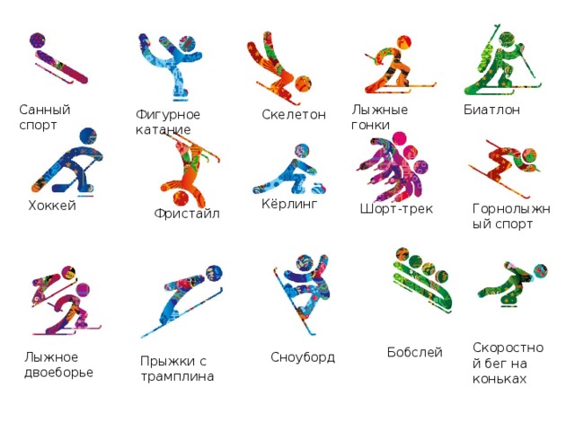 Биатлон Лыжные гонки Санный спорт Скелетон Фигурное катание Хоккей  Кёрлинг Шорт-трек Горнолыжный спорт Фристайл Скоростной бег на коньках Бобслей Лыжное двоеборье Сноуборд Прыжки с трамплина 