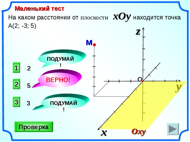 I I I I I I I I I I I I I I I I I I I Маленький тест На каком расстоянии от плоскости  xOy находится точка А(2; -3; 5) z M ПОДУМАЙ! 1 2 ВЕРНО! O y  I I I I I I 2 5  «Поурочные разработки по геометрии: 11 класс». / Сост. В.А. Яровенко. 3 ПОДУМАЙ! 3 Проверка x Oxy 14 