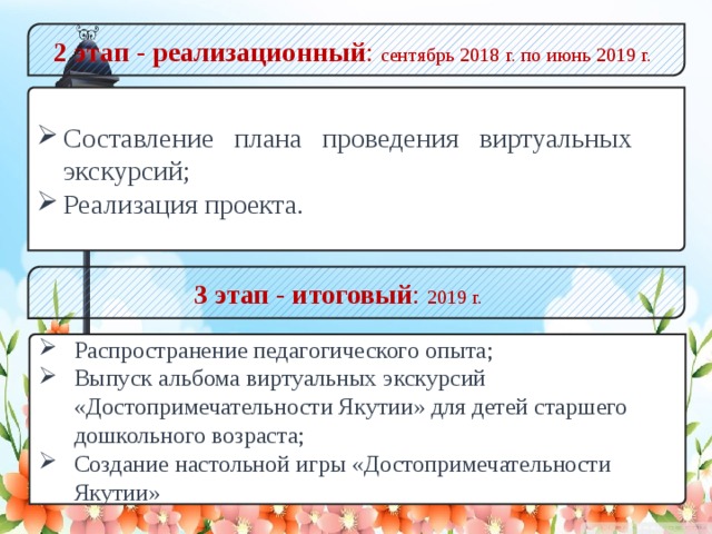2 этап - реализационный : сентябрь 2018 г. по июнь 2019 г. Составление плана проведения виртуальных экскурсий; Реализация проекта. 3 этап - итоговый : 2019 г. Распространение педагогического опыта; Выпуск альбома виртуальных экскурсий «Достопримечательности Якутии» для детей старшего дошкольного возраста; Создание настольной игры «Достопримечательности Якутии»  