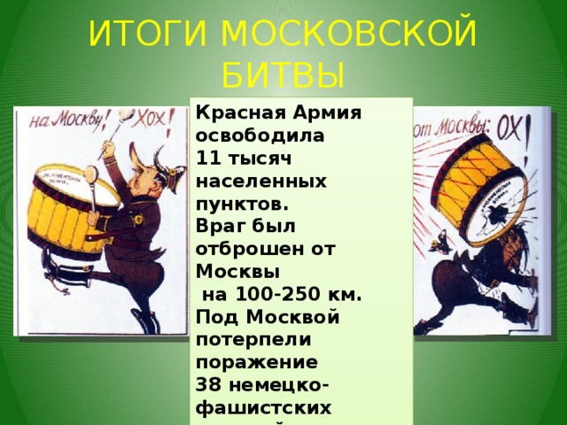 ИТОГИ МОСКОВСКОЙ БИТВЫ Красная Армия освободила 11 тысяч населенных пунктов. Враг был отброшен от Москвы  на 100-250 км. Под Москвой потерпели поражение 38 немецко-фашистских дивизий. 