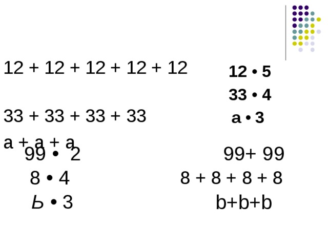 12 + 12 + 12 + 12 + 12 33 + 33 + 33 + 33 а + а + а 12 • 5 33 • 4 а • 3 99+ 99 99 • 2 8 • 4 Ь • 3 8 + 8 + 8 + 8  b+b+b 