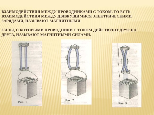 ВЗАИМОДЕЙСТВИЯ МЕЖДУ ПРОВОДНИКАМИ С ТОКОМ, ТО ЕСТЬ ВЗАИМОДЕЙСТВИЯ МЕЖДУ ДВИЖУЩИМИСЯ ЭЛЕКТРИЧЕСКИМИ ЗАРЯДАМИ, НАЗЫВАЮТ МАГНИТНЫМИ.   СИЛЫ, С КОТОРЫМИ ПРОВОДНИКИ С ТОКОМ ДЕЙСТВУЮТ ДРУГ НА ДРУГА, НАЗЫВАЮТ МАГНИТНЫМИ СИЛАМИ. 